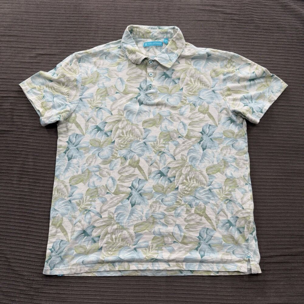 Tori Richard Polo Shirt‎ Men Large Cotton Tropical Palm Leaf Print Vacation.